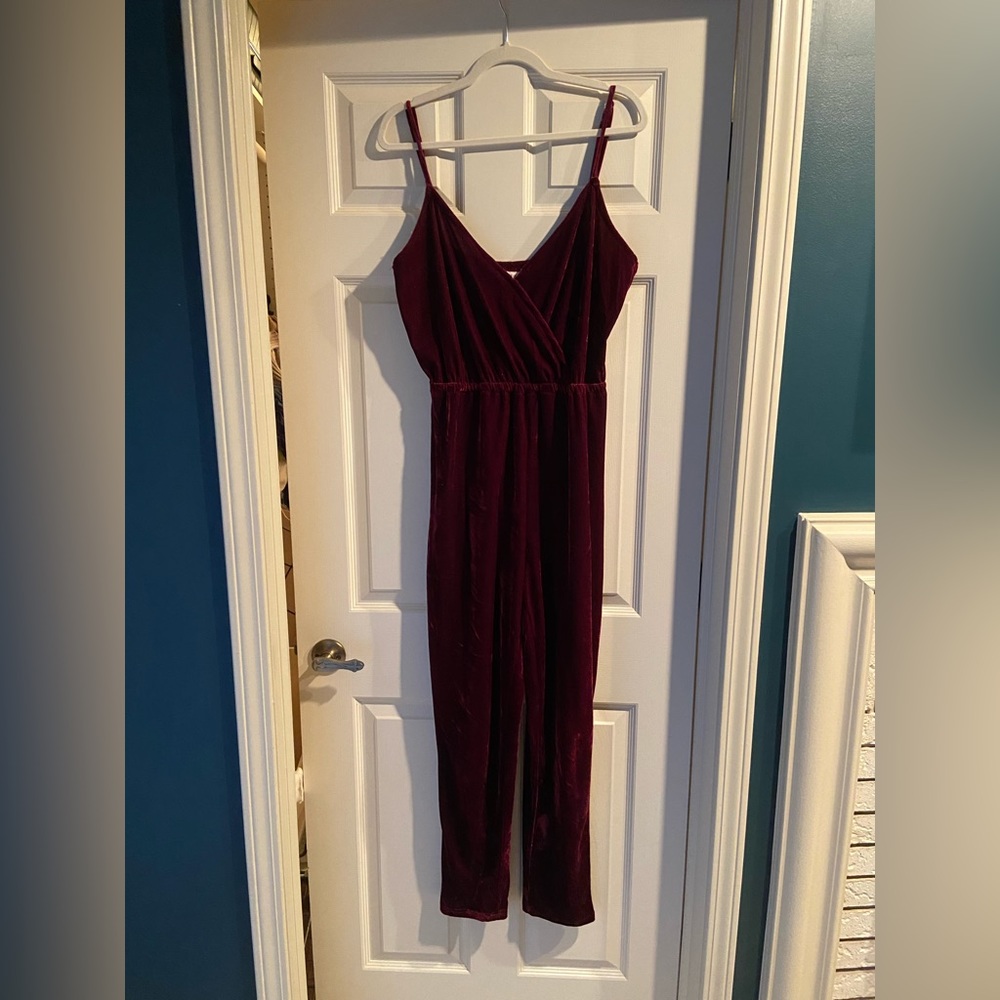 Cupcakes & Cashmere maroon velvet jumpsuit
